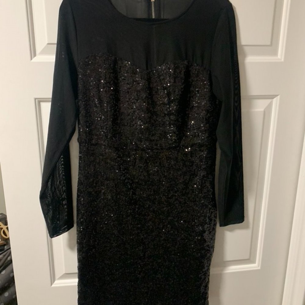 Sheer Sleeve Black Sequin Dress